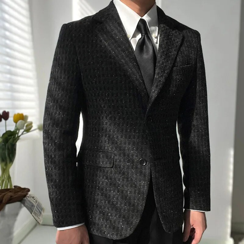 Aukštos kokybės temperamento džentelmeniškas juodas languotas vilnonis bleazerinis paltas rudeninis ir žieminis storas, šiltas, viengubas retro vyriškas