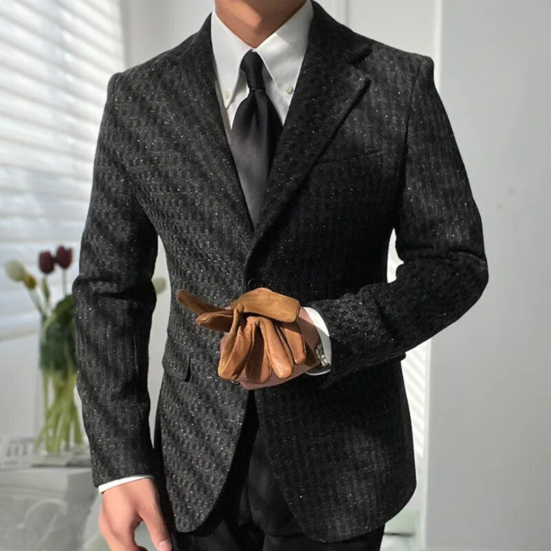 Aukštos kokybės temperamento džentelmeniškas juodas languotas vilnonis bleazerinis paltas rudeninis ir žieminis storas, šiltas, viengubas retro vyriškas