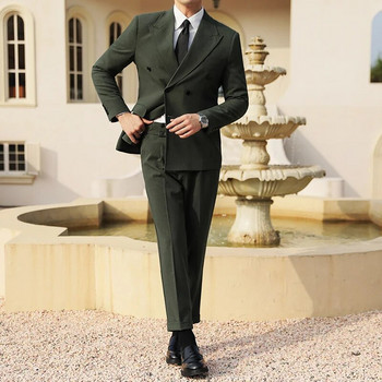 2023 Υψηλής ποιότητας Ανδρικό ριγέ κάζουαλ με διπλό στήθος (κοστούμι + καινούργιο) Νυφικό κοστούμι μόδας ισχίο πέτο γιακά δύο τεμαχίων πράσινο