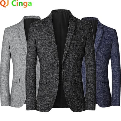 Jachetă de costum pentru bărbați în carouri de toamnă, cu un singur piept, haină casual de afaceri, gri albastru, blazer masculin M-4xl