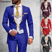 Ultimul costum albastru regal pentru bărbați 3 bucăți slim fit nunta cel mai bun bărbat smoking mire dublu piept jachetă cu garnitură auriu vestă set pantaloni frac