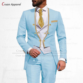 Най-новият кралско син костюм Мъжки 3 бр. Slim Fit сватбен смокинг за кум младоженеца Двуредно яке със златна тапицерия, жилетка, комплект панталони, фрак