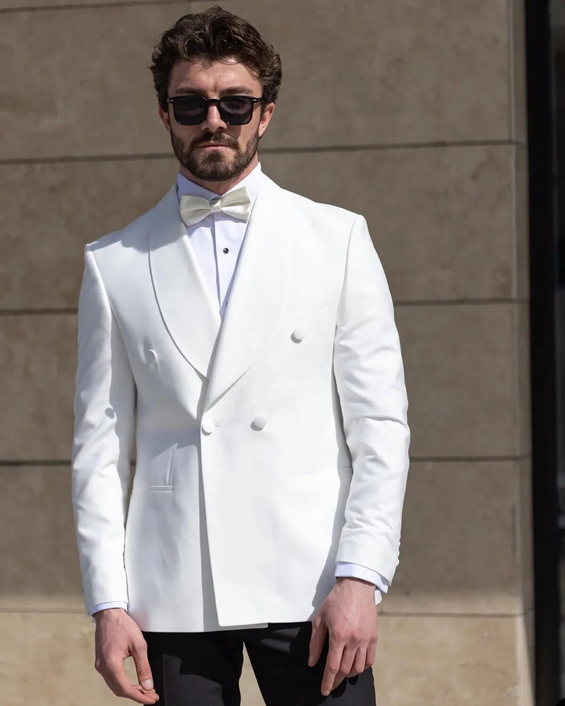 Madingas baltas vyriškas smokingas skara atvartas Slim Fit Prom vakarienės vestuvių baltas smokingas vyrams 2 dalys