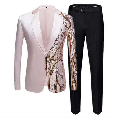 Moodne meeste lapiline litriga ülikond, 2-osaline must/sinine/burgundia laulja saatejuht Luksuslik tantsulava kleit, bleiser ja püksid