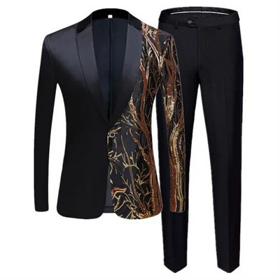 Moodne meeste lapiline litriga ülikond, 2-osaline must/sinine/burgundia laulja saatejuht Luksuslik tantsulava kleit, bleiser ja püksid