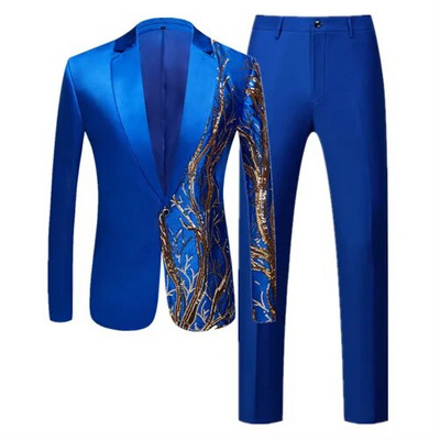 Moodne meeste lapiline litriga ülikond, 2-osaline must/sinine/burgundia laulja saatejuht Luksuslik tantsulava kleit, bleiser ja püksid