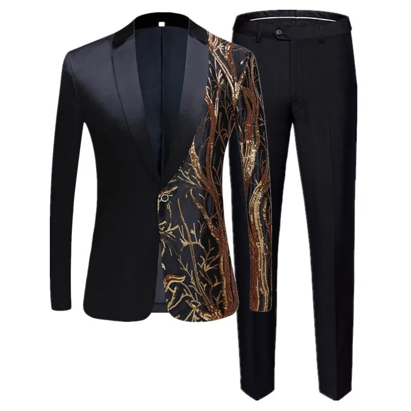 Moodne meeste lapiline litriga ülikond, 2-osaline must/sinine/burgundia laulja saatejuht Luksuslik tantsulava kleit, bleiser ja püksid