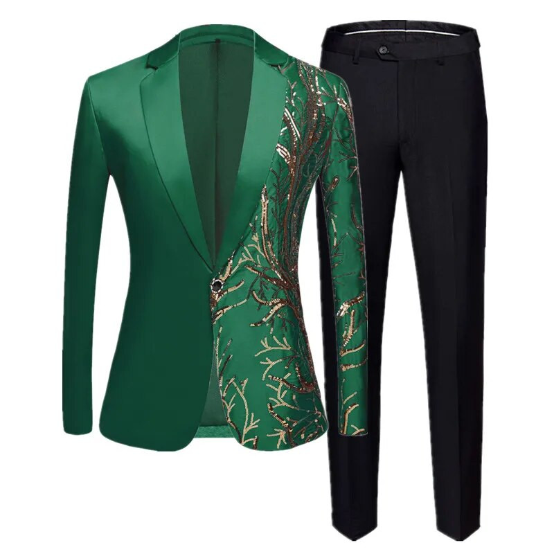 Moodne meeste lapiline litriga ülikond, 2-osaline must/sinine/burgundia laulja saatejuht Luksuslik tantsulava kleit, bleiser ja püksid