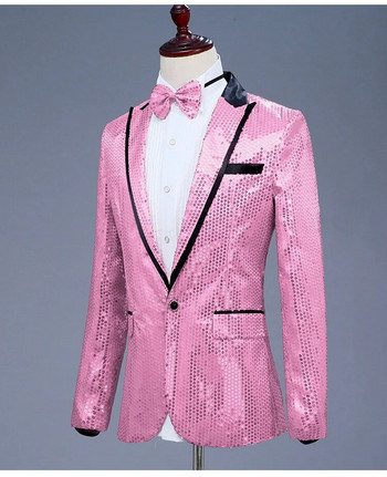 Розова рокля с пайети с едно копче Блейзъри 2022 Чисто нов нощен клуб Абитуриентски мъжки костюм Сако Сватбен сценичен костюм на певица (включва папийонка)