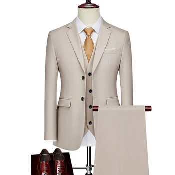 (Сако + Жилетка + Панталон) Бутикова марка Сватбена рокля за младоженеца Етап Едноцветен мъжки официален костюм Мъжки бизнес ежедневен офис костюм