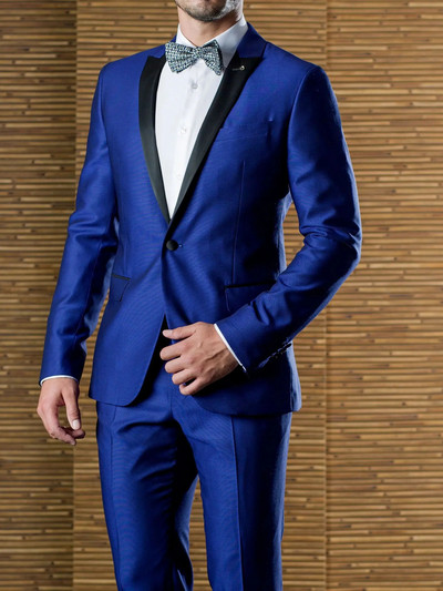 Karališkieji mėlyni kostiumai vyrams, švarkelio apranga, juodos spalvos atvartas su viena krūtine, atlasinis prabangus vestuvių kostiumas, plonas, tinkamas Ropa Hombre