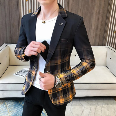 Blazer Men Boutique Fashion Plaid Vyriškas plonas laisvalaikio kostiumas Striukė Ball Social Blazer Kostiumas Paltas Šeimininko Drabužiai