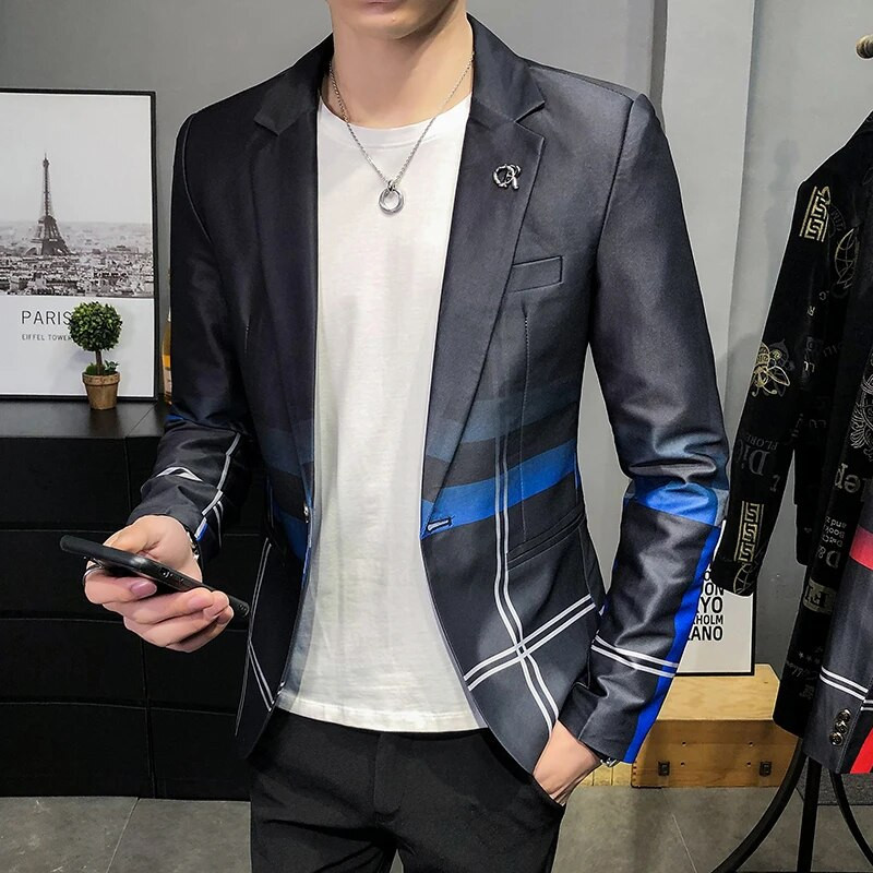 Blazer Men Boutique Fashion Plaid Vyriškas plonas laisvalaikio kostiumas Striukė Ball Social Blazer Kostiumas Paltas Šeimininko Drabužiai