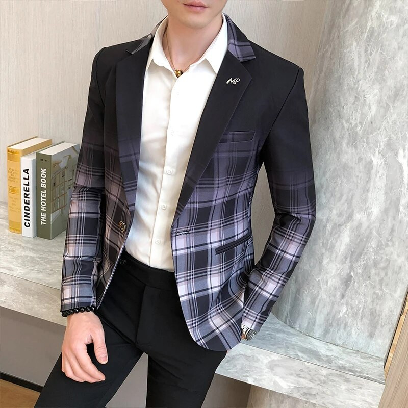 Blazer Men Boutique Fashion Plaid Vyriškas plonas laisvalaikio kostiumas Striukė Ball Social Blazer Kostiumas Paltas Šeimininko Drabužiai