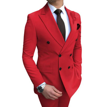 Червени мъжки костюми от 2 части 2023 г. Сватбени смокинги Парти облекла Двуредни костюми за младоженци Slim Fit Бели ревери с върхове Блейзър за най-добрите мъже
