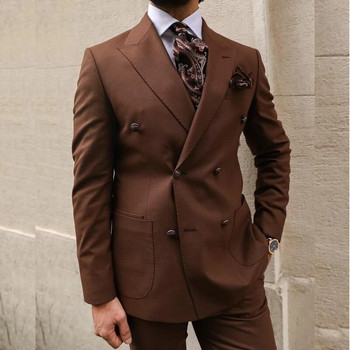 Επίσημα ανδρικά κοστούμια με διπλό στήθος καφέ με κορυφές πέτο Hombres Slim Fit Casual Jacket Παντελόνι Two Piece Luxury Wedding мужской костюм