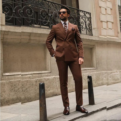 Formalna muška odijela s dvostrukim kopčanjem, smeđi, s reverom, uski kroj, ležerna jakna, dvodijelni luksuzni vjenčani muški kostim