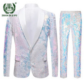 Ανδρικό κοστούμι 2 τεμαχίων Λευκό πολύχρωμο βελούδινο πούλιες για πάρτι DJ Club Φόρεμα σμόκιν Blazer+Pants Stage Singer Wedding Suits for men