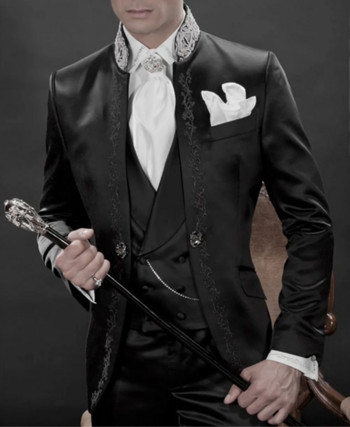 2024 Нов стил черен, сребристо сив смокинги за младоженеца с бродерия Мъжки сватбени костюми за бала на младоженеца младоженец (яке+панталон+жилетка)