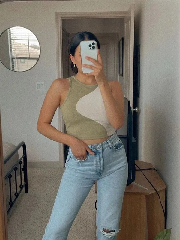 Γυναικεία μπλουζάκι χρώματος με πλεκτό φανελάκι Y2K Ρούχα καλοκαιρινά Grunge Casual αμάνικα με λαιμόκοψη Crop μπλουζάκι Streetwear