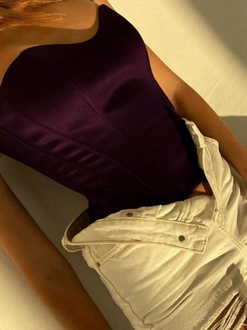 Σέξι γυναικείες μπλούζες με σωληνωτό μονόχρωμο αμάνικο, λεπτό στενό κορσέ κομμένο τοπ 2023 Καλοκαίρι casual κομψό γυναικείο στράπλες γιλέκο