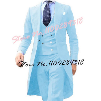 Ново пристигане през 2023 г. Кралско сини дизайни на дълги палта Комплект мъжки костюми Мъжко облекло Смокинги за младоженеца Абитуриентски блейзър Персонализиран 3 БР. (Топ+Жилетка+Панталони)