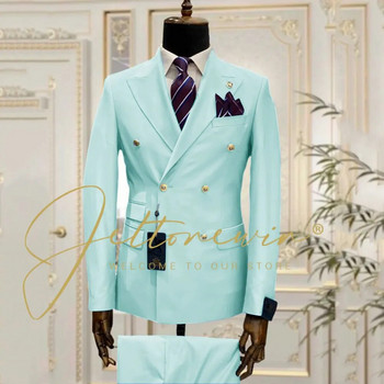 Мъжки костюми Slim Fit 2 части Peak Rever Двуредни сватбени смокинги Бизнес облекло за младоженец Кум (блазър+жилетка) Костюм Homme