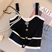 Καλοκαιρινό κοντό τοπ Γυναικείο γαλλικό στιλ 3d δέσιμο με λουλούδια Crop Top Μικρό πλεκτό γιλέκο με καπίστρι Λεπτό κάτω κάτω έξω Φορέστε Small tank Top