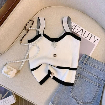 Καλοκαιρινό κοντό τοπ Γυναικείο γαλλικό στιλ 3d δέσιμο με λουλούδια Crop Top Μικρό πλεκτό γιλέκο με καπίστρι Λεπτό κάτω κάτω έξω Φορέστε Small tank Top