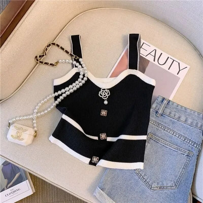 Καλοκαιρινό κοντό τοπ Γυναικείο γαλλικό στιλ 3d δέσιμο με λουλούδια Crop Top Μικρό πλεκτό γιλέκο με καπίστρι Λεπτό κάτω κάτω έξω Φορέστε Small tank Top