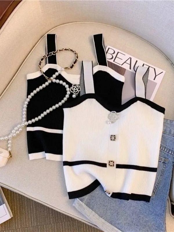 Καλοκαιρινό κοντό τοπ Γυναικείο γαλλικό στιλ 3d δέσιμο με λουλούδια Crop Top Μικρό πλεκτό γιλέκο με καπίστρι Λεπτό κάτω κάτω έξω Φορέστε Small tank Top