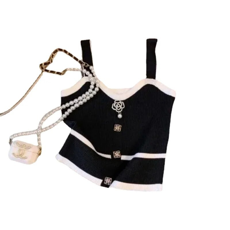 Καλοκαιρινό κοντό τοπ Γυναικείο γαλλικό στιλ 3d δέσιμο με λουλούδια Crop Top Μικρό πλεκτό γιλέκο με καπίστρι Λεπτό κάτω κάτω έξω Φορέστε Small tank Top