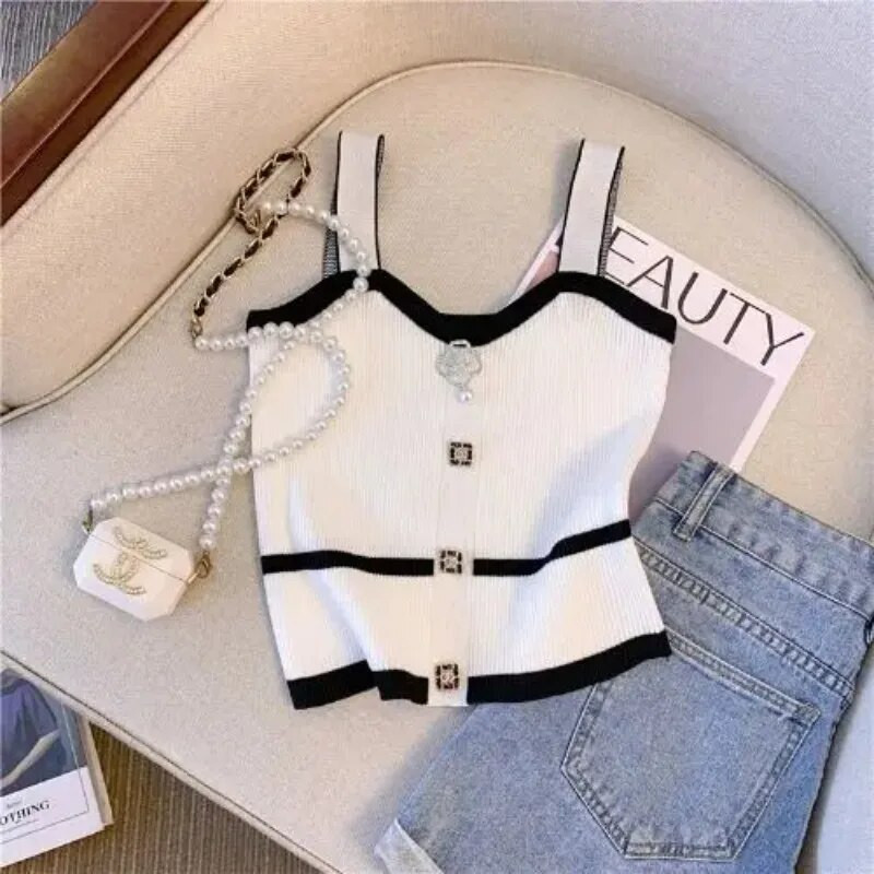 Καλοκαιρινό κοντό τοπ Γυναικείο γαλλικό στιλ 3d δέσιμο με λουλούδια Crop Top Μικρό πλεκτό γιλέκο με καπίστρι Λεπτό κάτω κάτω έξω Φορέστε Small tank Top