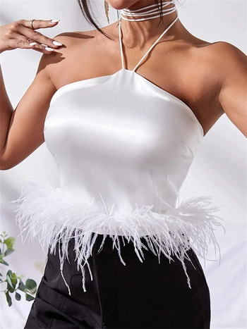 wsevypo Κομψά καλοκαιρινά γυναικεία μπλουζάκια με φτερά λαιμόκοψη Crop μπλούζες Καλοκαιρινής μόδας Αμάνικα φανελάκια για το Club Party