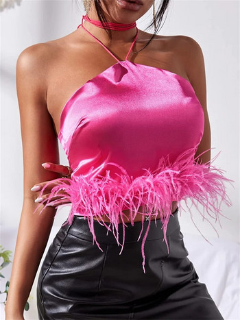 wsevypo Κομψά καλοκαιρινά γυναικεία μπλουζάκια με φτερά λαιμόκοψη Crop μπλούζες Καλοκαιρινής μόδας Αμάνικα φανελάκια για το Club Party