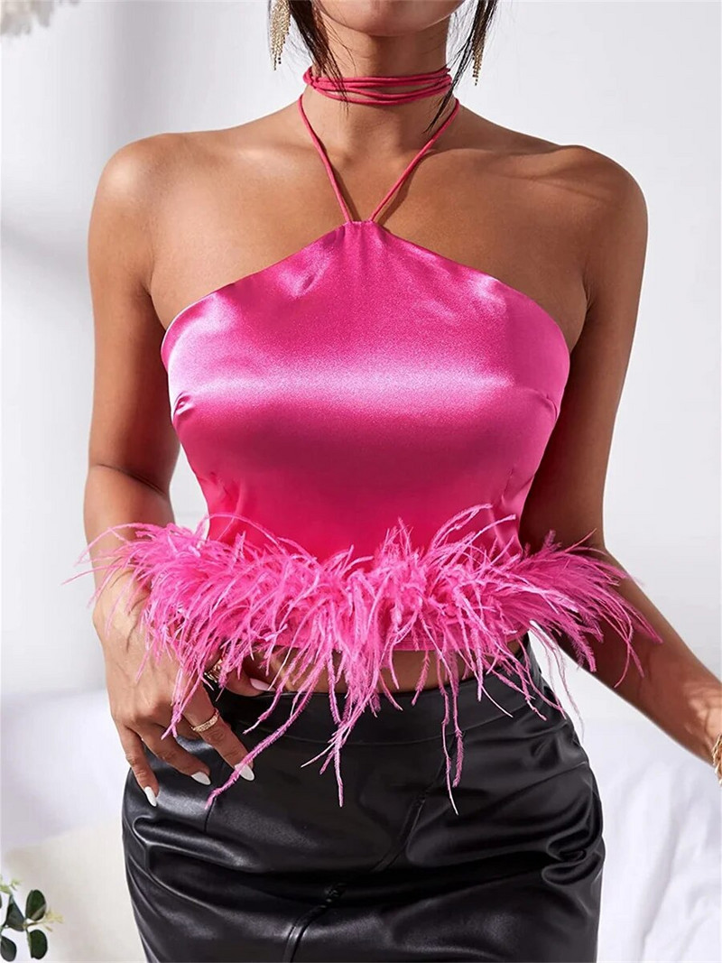 wsevypo Κομψά καλοκαιρινά γυναικεία μπλουζάκια με φτερά λαιμόκοψη Crop μπλούζες Καλοκαιρινής μόδας Αμάνικα φανελάκια για το Club Party