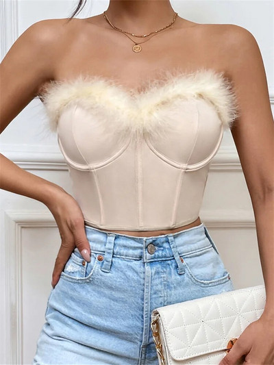 Naiste karvase äärisega korsetiga topid ühevärvilised, varrukateta, rihmadeta, rinnahoidja ribadeta ülaosad, vintage šikk särk