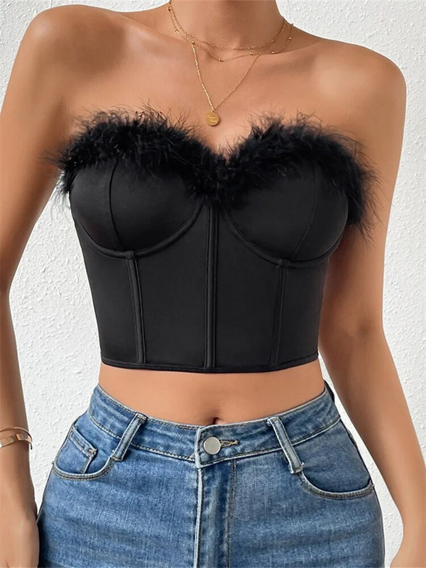 Naiste karvase äärisega korsetiga topid ühevärvilised, varrukateta, rihmadeta, rinnahoidja ribadeta ülaosad, vintage šikk särk