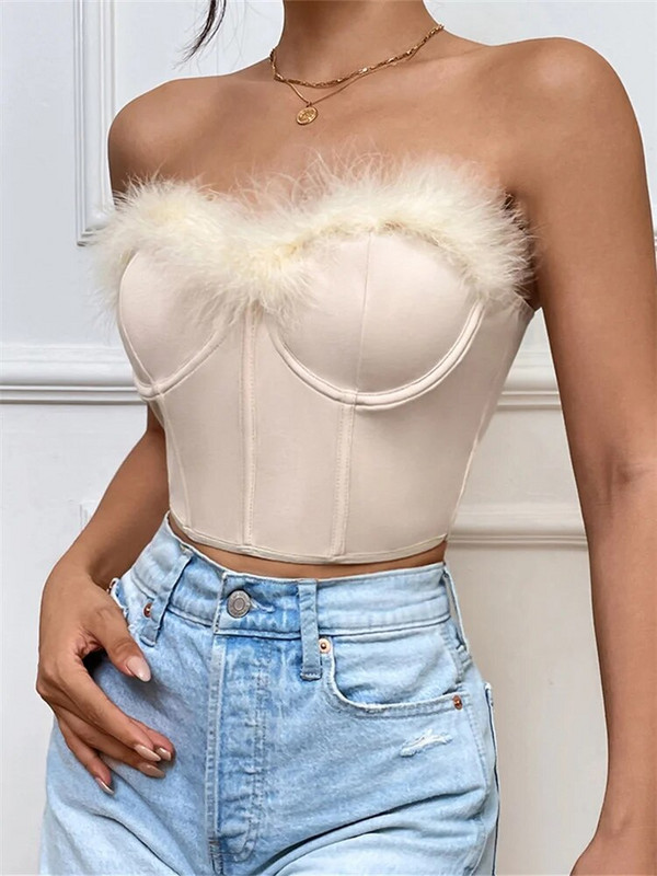 Naiste karvase äärisega korsetiga topid ühevärvilised, varrukateta, rihmadeta, rinnahoidja ribadeta ülaosad, vintage šikk särk