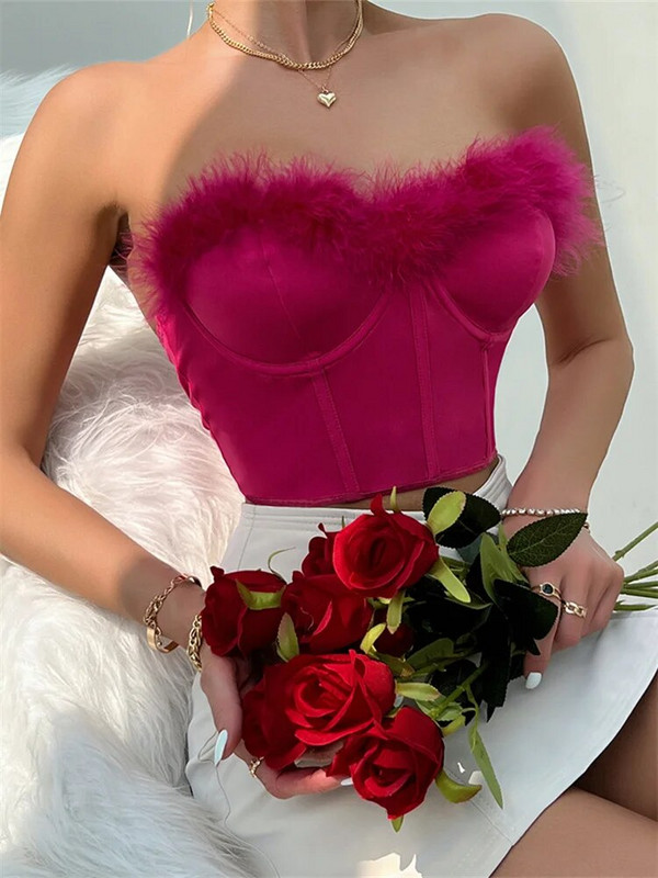 Naiste karvase äärisega korsetiga topid ühevärvilised, varrukateta, rihmadeta, rinnahoidja ribadeta ülaosad, vintage šikk särk