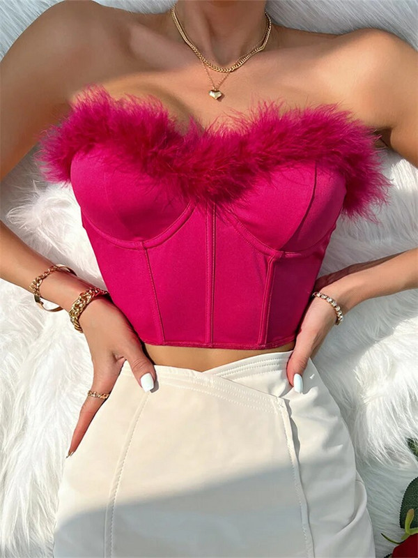 Naiste karvase äärisega korsetiga topid ühevärvilised, varrukateta, rihmadeta, rinnahoidja ribadeta ülaosad, vintage šikk särk