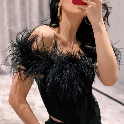 Γυναικείες σέξι κορσέ με πούπουλα Crop Top Push Up Bustier Κοκκαλιασμένο Top Spaghetti Strap Slim Bodycon Cami Top Party Streetwear