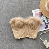 Seksikas sulgedega pitsist Olkaimeta ülaosa, Vintage korsett Rinnakas Korea šikk Crop Top Sügisene naiste peokuum Y2k