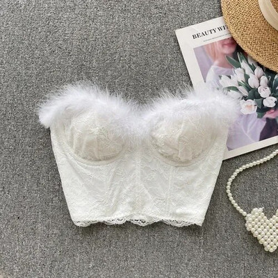 Seksikas sulgedega pitsist Olkaimeta ülaosa, Vintage korsett Rinnakas Korea šikk Crop Top Sügisene naiste peokuum Y2k