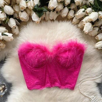 Seksikas sulgedega pitsist Olkaimeta ülaosa, Vintage korsett Rinnakas Korea šikk Crop Top Sügisene naiste peokuum Y2k