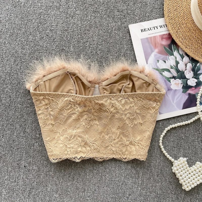 Seksikas sulgedega pitsist Olkaimeta ülaosa, Vintage korsett Rinnakas Korea šikk Crop Top Sügisene naiste peokuum Y2k