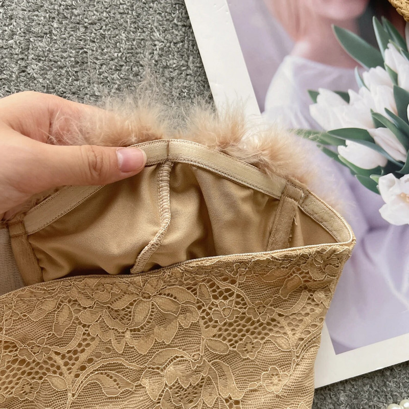 Seksikas sulgedega pitsist Olkaimeta ülaosa, Vintage korsett Rinnakas Korea šikk Crop Top Sügisene naiste peokuum Y2k