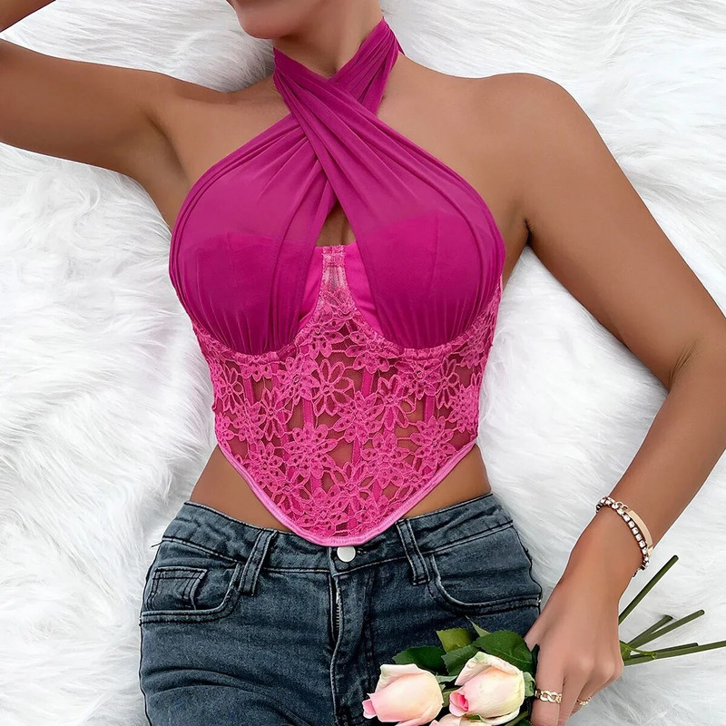 Γυναικείες σέξι δαντέλες Camis Hot Sweet Lacing Fish Bone κέντημα Crop Top Mesh Sheer Spicing Bow Halter Corset Αμάνικο πλάτη