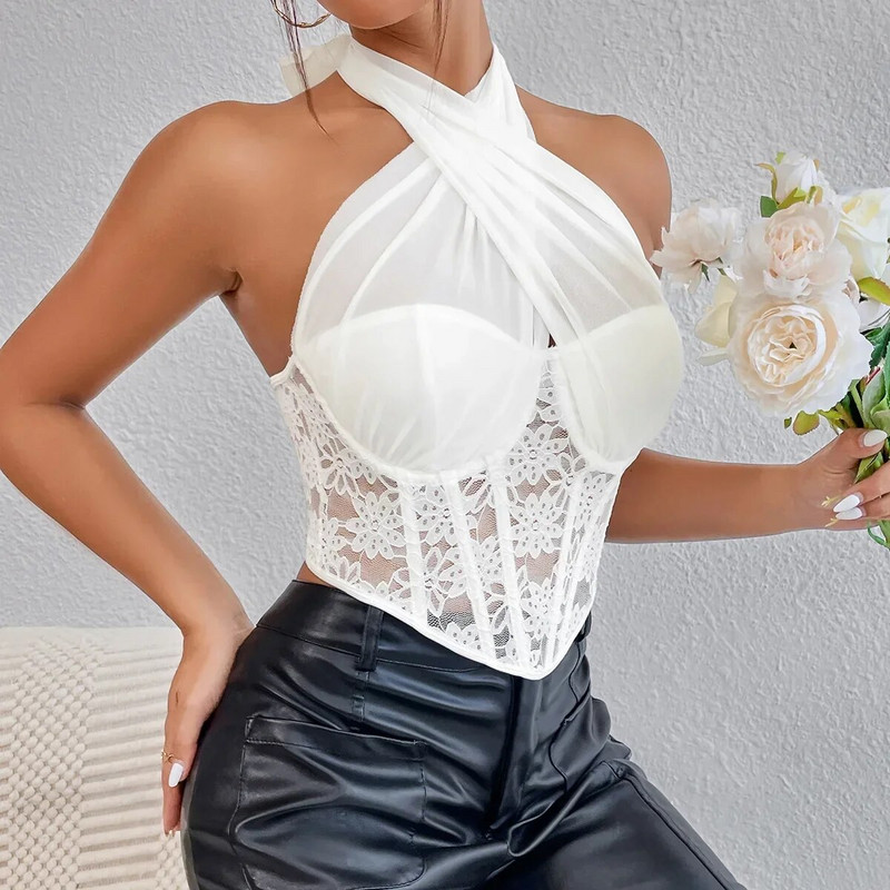 Γυναικείες σέξι δαντέλες Camis Hot Sweet Lacing Fish Bone κέντημα Crop Top Mesh Sheer Spicing Bow Halter Corset Αμάνικο πλάτη