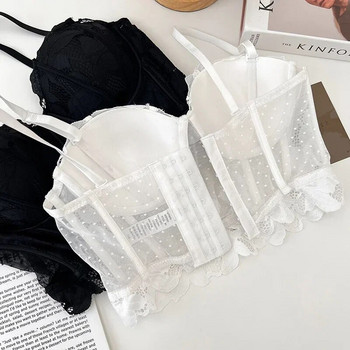 Γαλλικό κομψό σέξι γυναικείο μπλουζάκι με δαντέλα διάφανη σπαγγέτι με λουράκι κορσελέτες Γυναικεία φανελάκια ενσωματωμένα σε σουτιέν Εξώπλατο Skinny Camis Dropship
